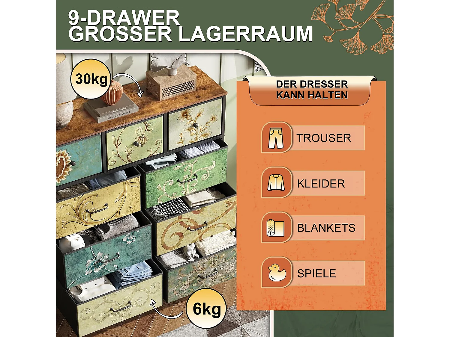 Commode en Tissu avec 9 Tiroirs, 100 x 30 x 100cm - Motif à Motif Rétro