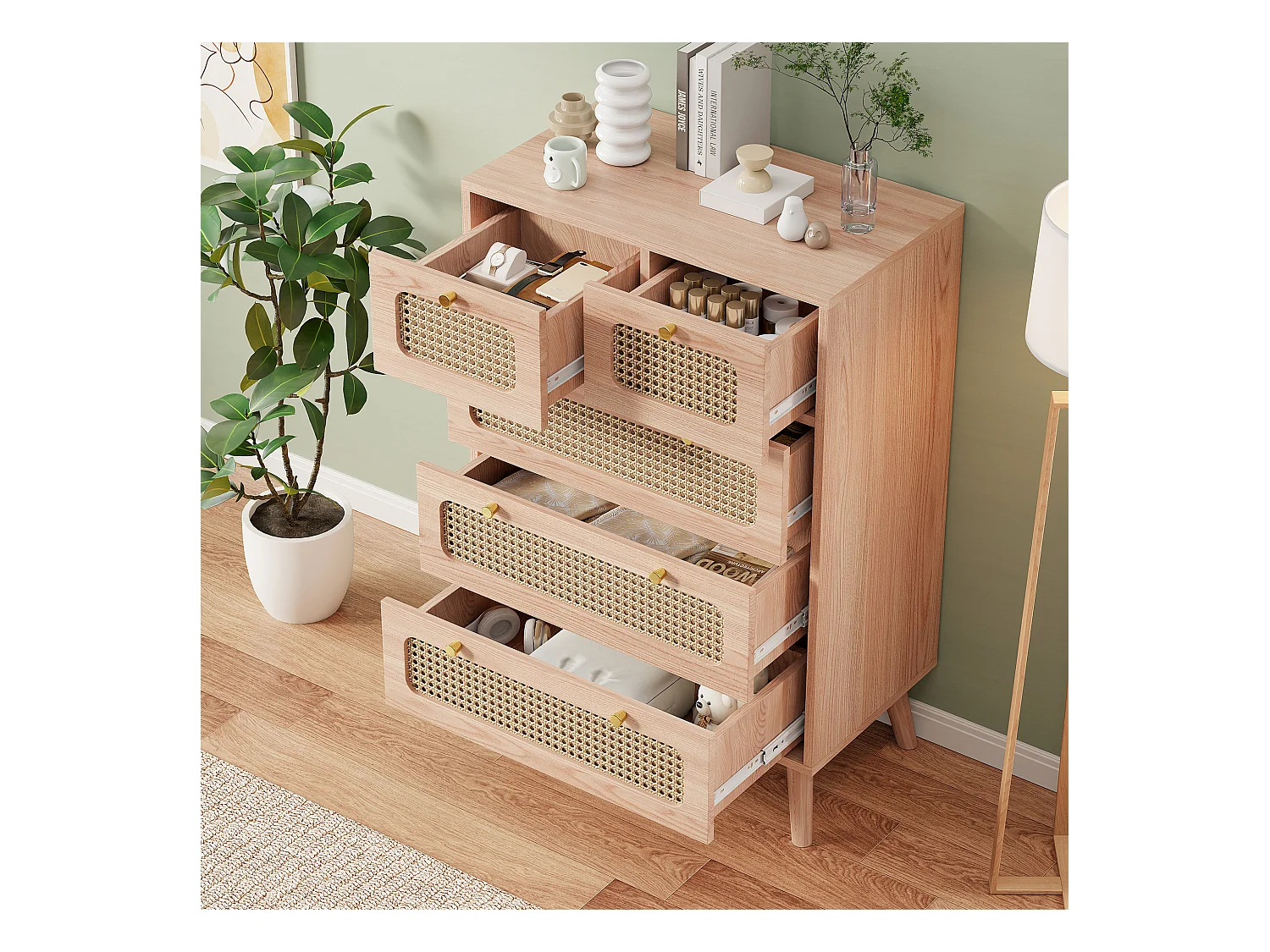 Commode en rotin Meuble de Rangement avec 5 tiroirs, Buffet Commode Chambre (A Couleur du Bois)