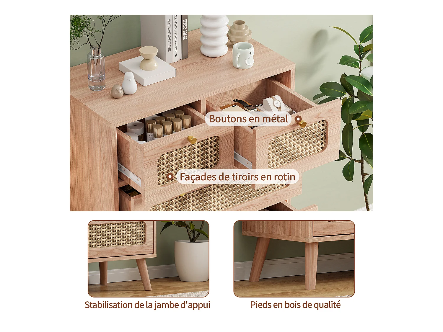 Commode en rotin Meuble de Rangement avec 5 tiroirs, Buffet Commode Chambre (A Couleur du Bois)