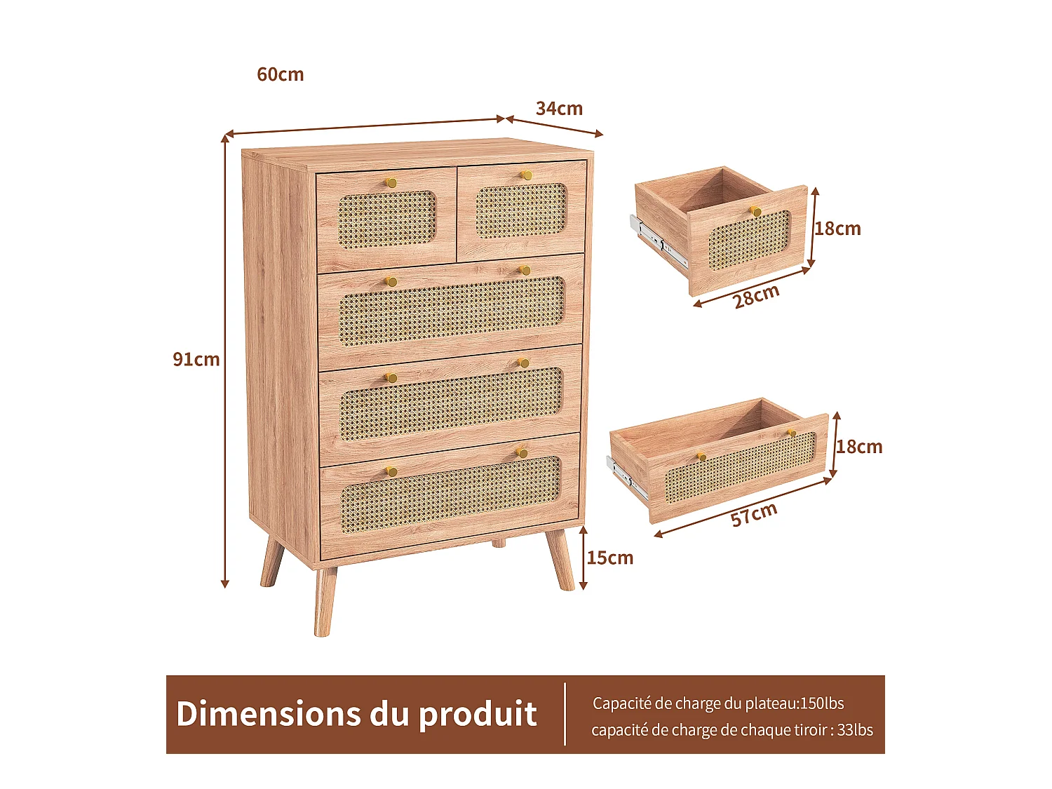 Commode en rotin Meuble de Rangement avec 5 tiroirs, Buffet Commode Chambre (A Couleur du Bois)