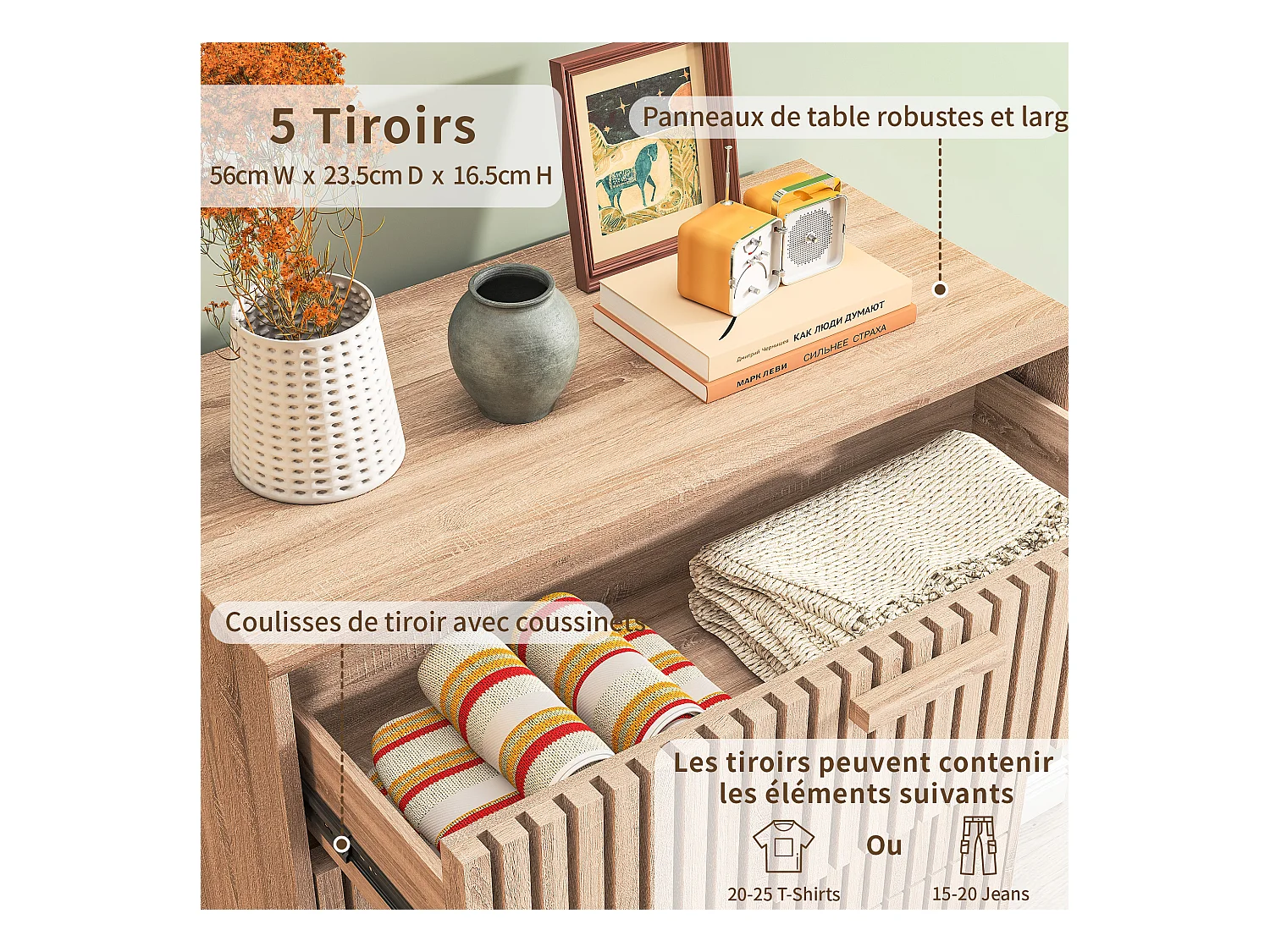 Commode 4 tiroirs 60 cm Couleur bois naturel, 60 x 34 x 91cm