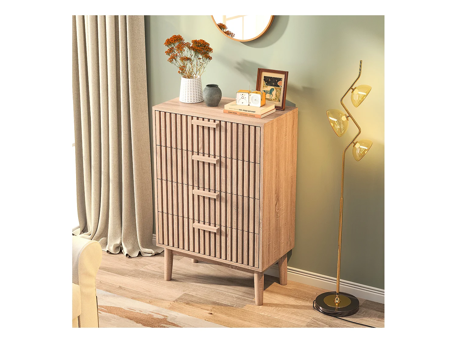 Commode 4 tiroirs 60 cm Couleur bois naturel, 60 x 34 x 91cm