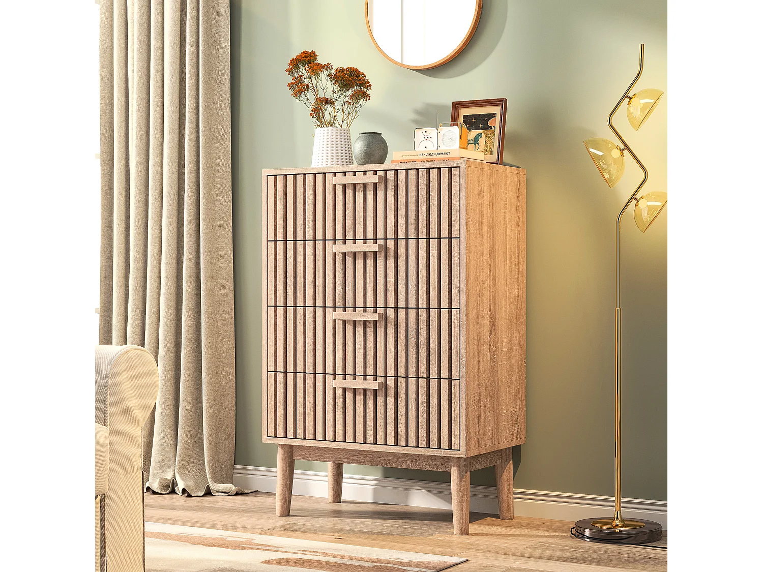 Commode 4 tiroirs 60 cm Couleur bois naturel, 60 x 34 x 91cm