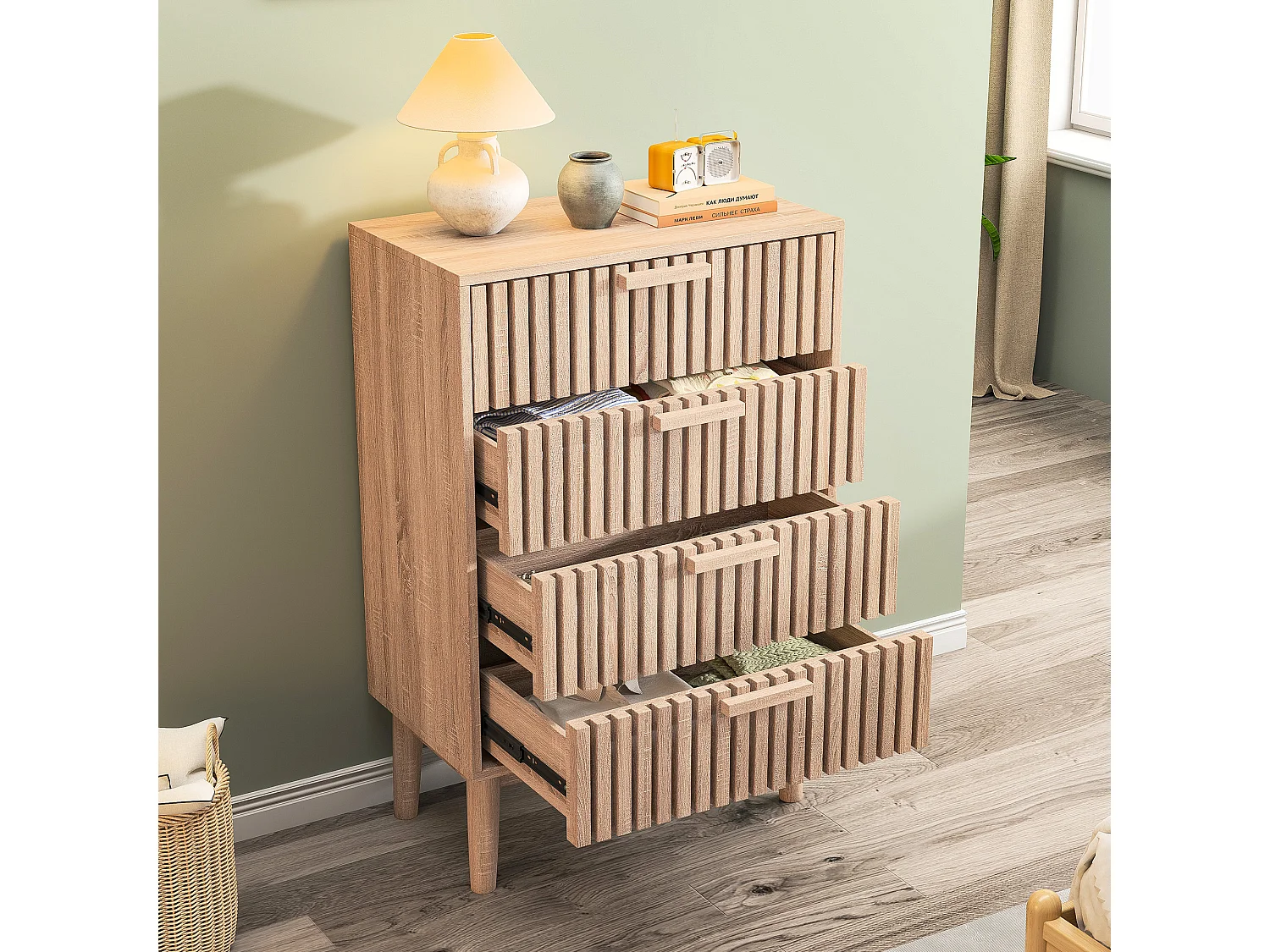 Commode 4 tiroirs 60 cm Couleur bois naturel, 60 x 34 x 91cm