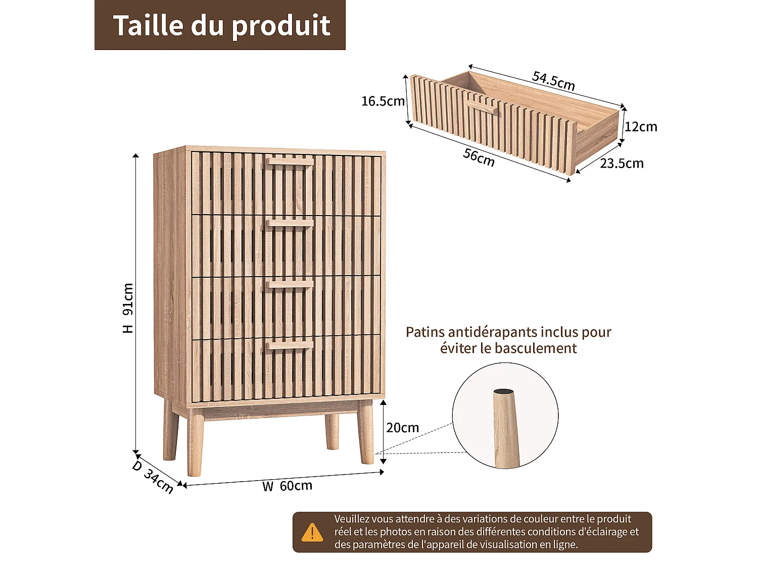 Commode 4 tiroirs 60 cm Couleur bois naturel, 60 x 34 x 91cm