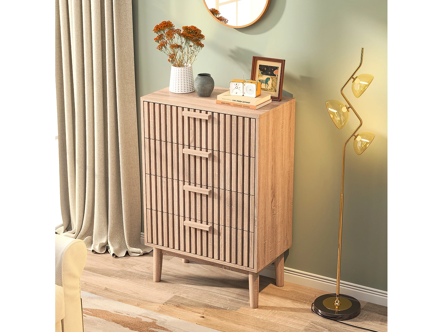 Commode 4 tiroirs 60 cm Couleur bois naturel, 60 x 34 x 91cm