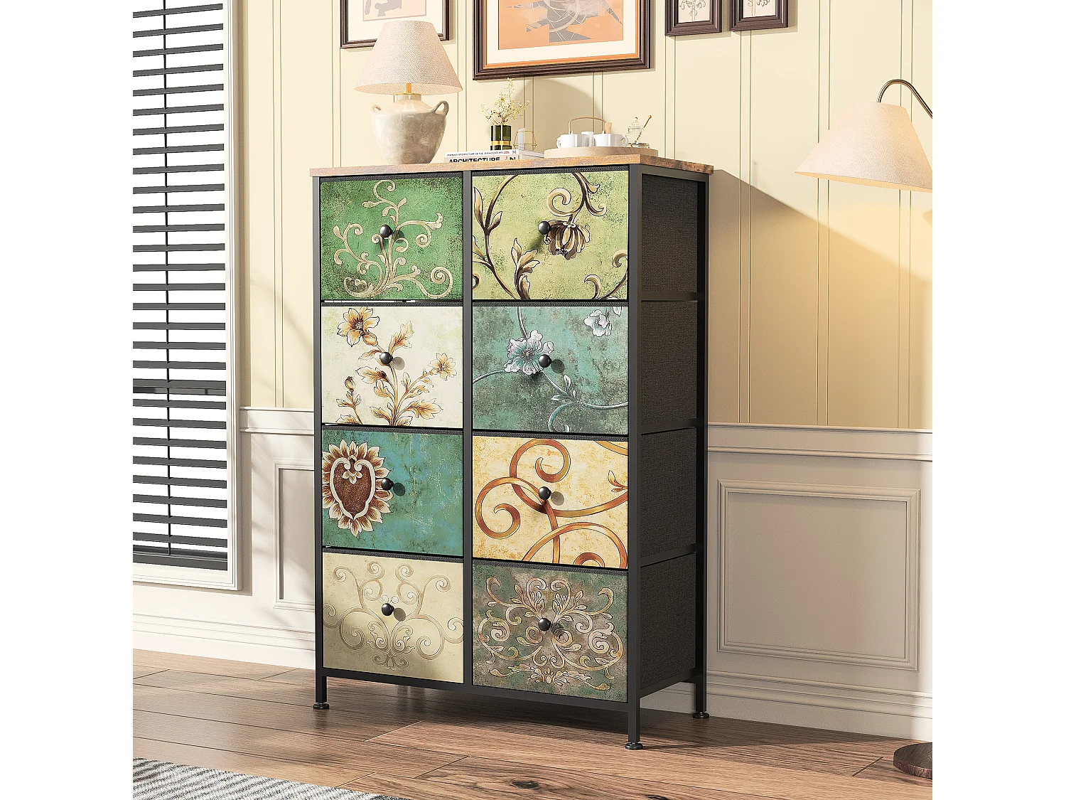 Commode en Tissu avec 8 Tiroirs, 67.5 x 30 x 100cm - Motif à Motif Rétro