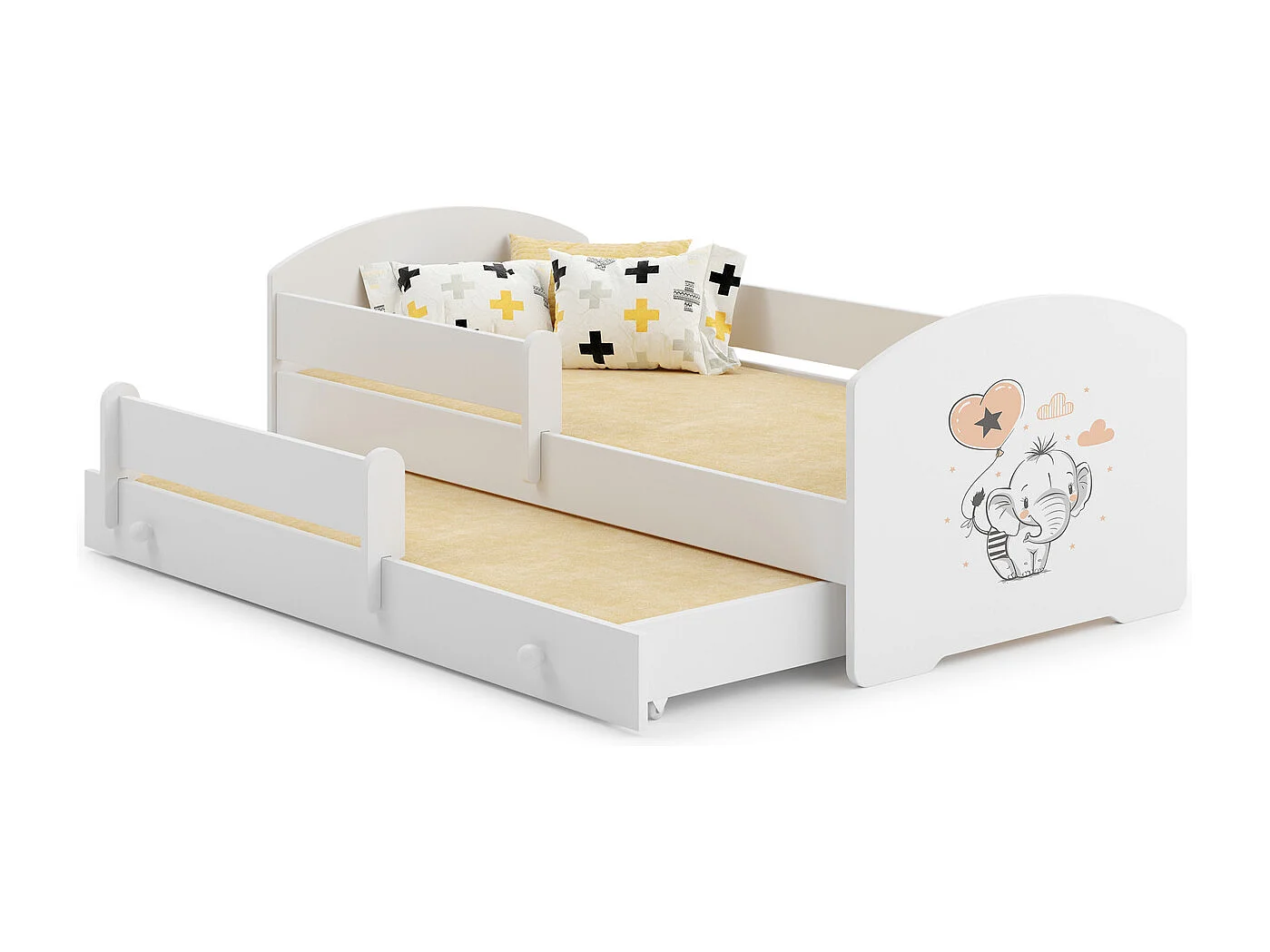 Cama Doble Infantil Blanca Dibujo Elefante Con Barandillas 160x80 cm con Cama Inferior 145x80 cm – Incluye 2 Colchones y Estructuras