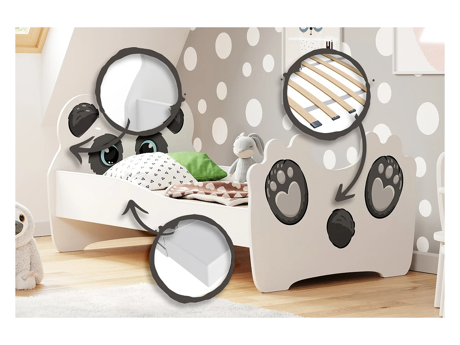 Cama Infantil Panda 140x70 cm – Incluye Estructura, Base y Colchón de Espuma