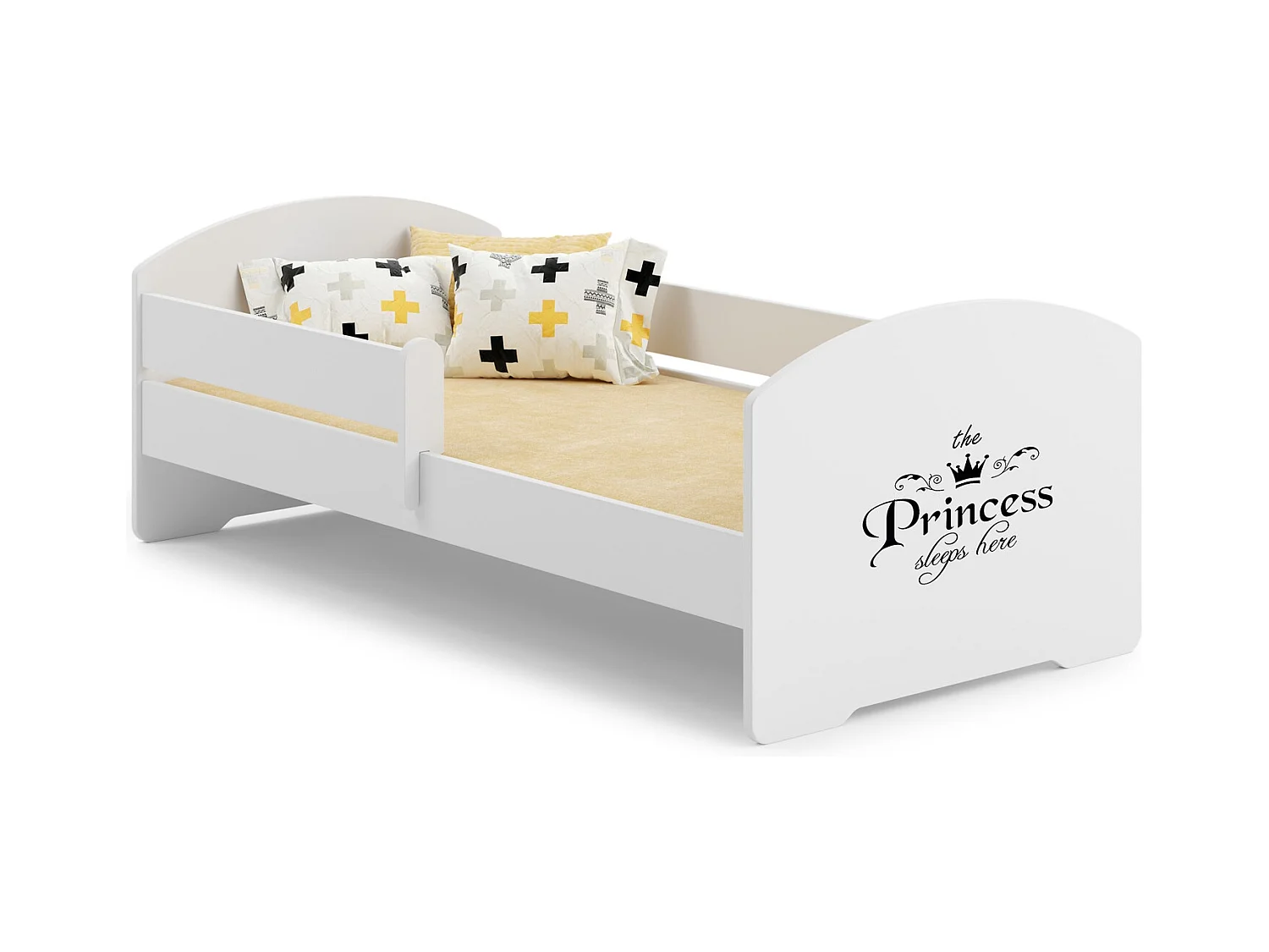 Cama Infantil Blanca 140x70 cm Dibujo Princesa con Barandilla – Incluye Colchón de Espuma y Estructura Completa, Dimen: 144 cm x77 cm x56 cm