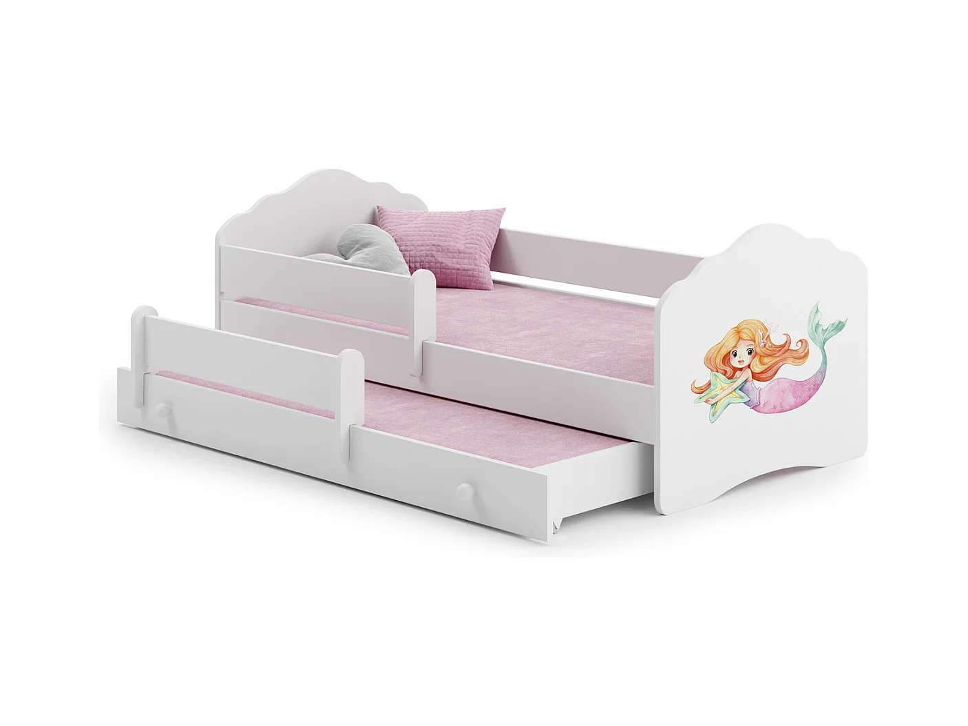 Cama Doble Infantil Blanca 160x80 cm Dibujo Sirena con Barandilla – Cama Inferior 145x80 cm, Incluye 2 Colchones de Espuma y Estructura Completa