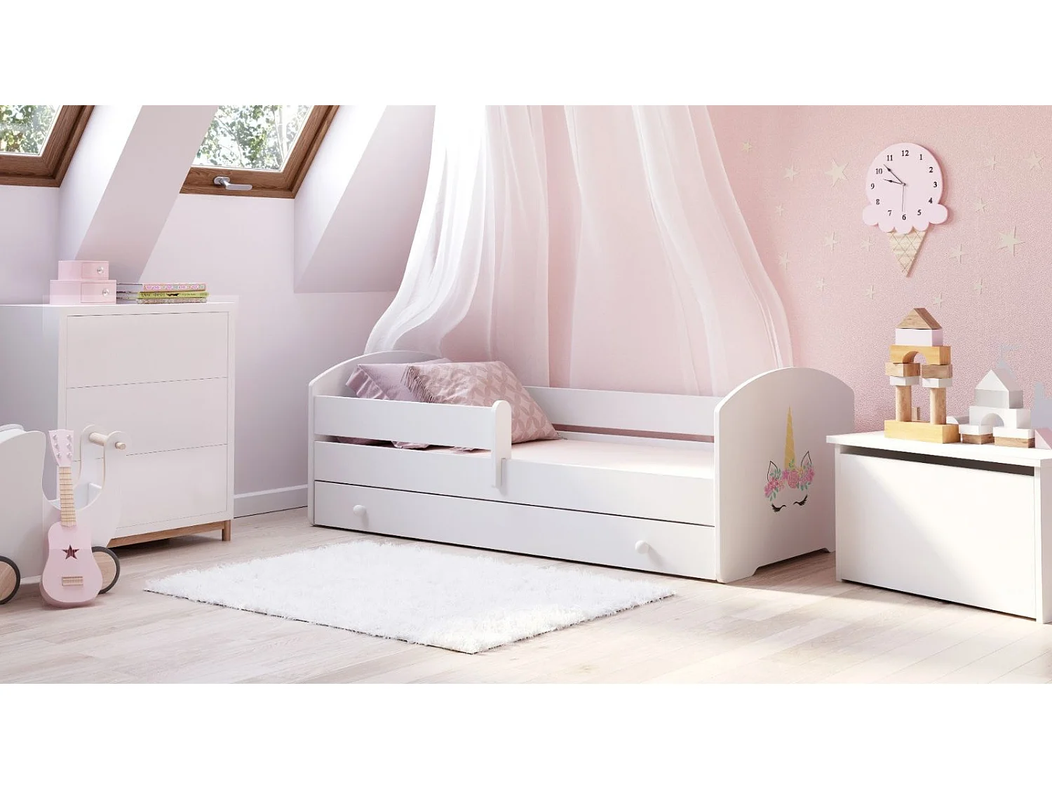 Cama Infantil Blanca Estilo Escandinavo Dibujo Unicornio 140x70 cm con Cajón – Incluye Colchón de Espuma, Base y Estructura Completa