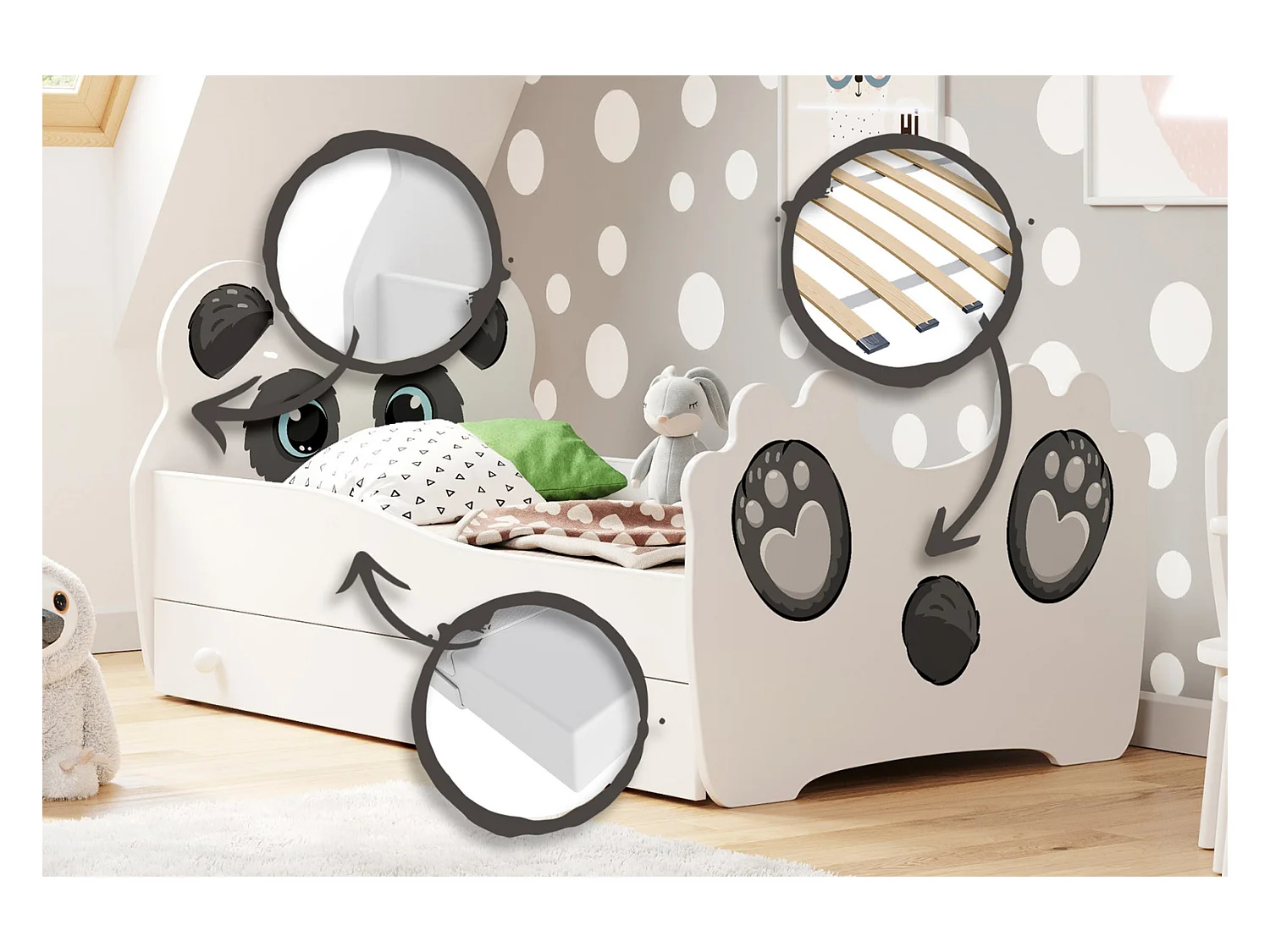 Cama Infantil Panda Con Cajón 140x70 cm – Incluye Estructura, Base y Colchón de Espuma