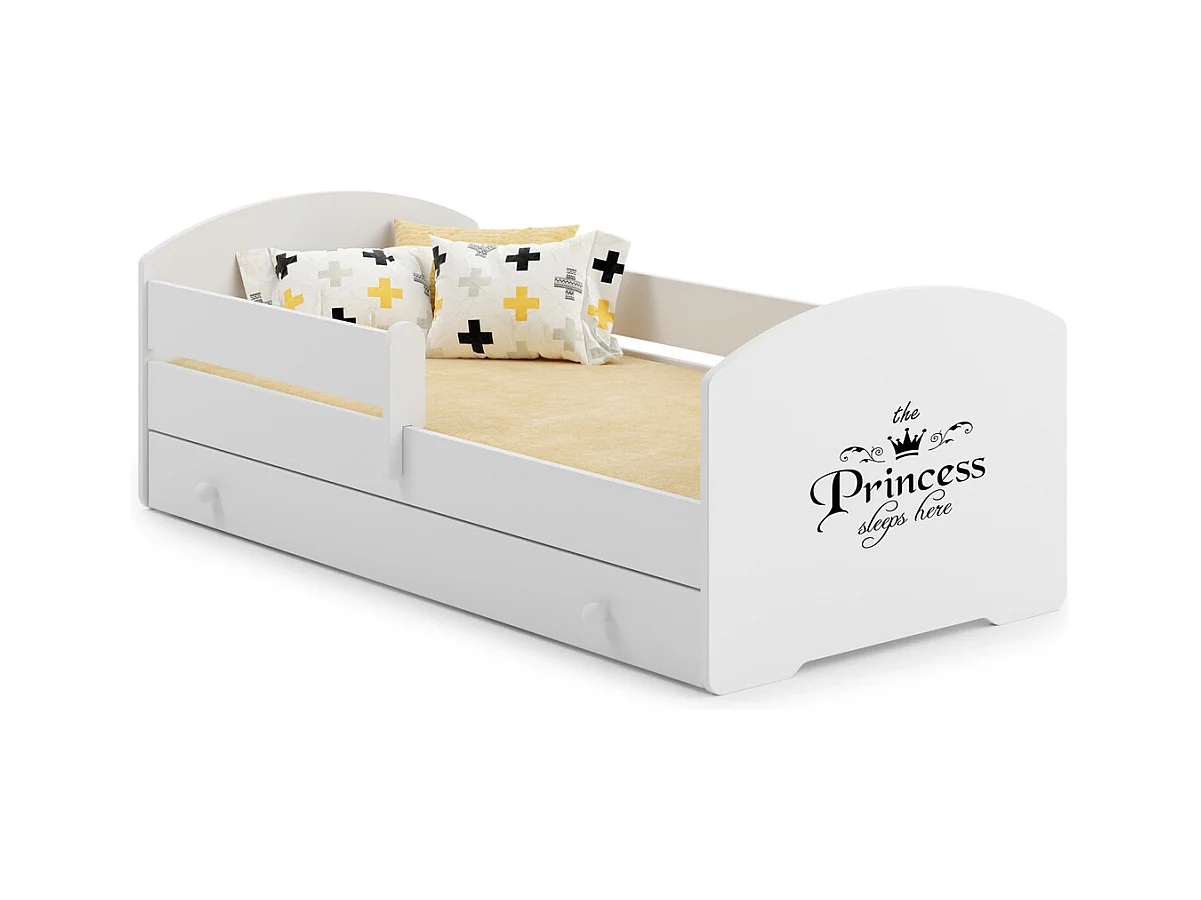Cama Infantil Blanca Estilo Escandinavo Dibujo Princesa 160x80 cm con Cajón – Incluye Colchón de Espuma, Base y Estructura Completa