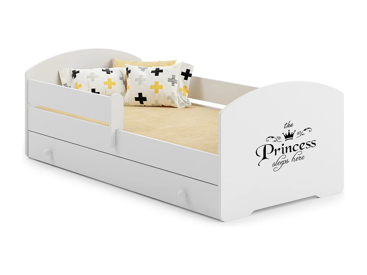 Cama Infantil Blanca Estilo Escandinavo Dibujo Princesa 160x80 cm con Cajón – Incluye Colchón de Espuma, Base y Estructura Completa