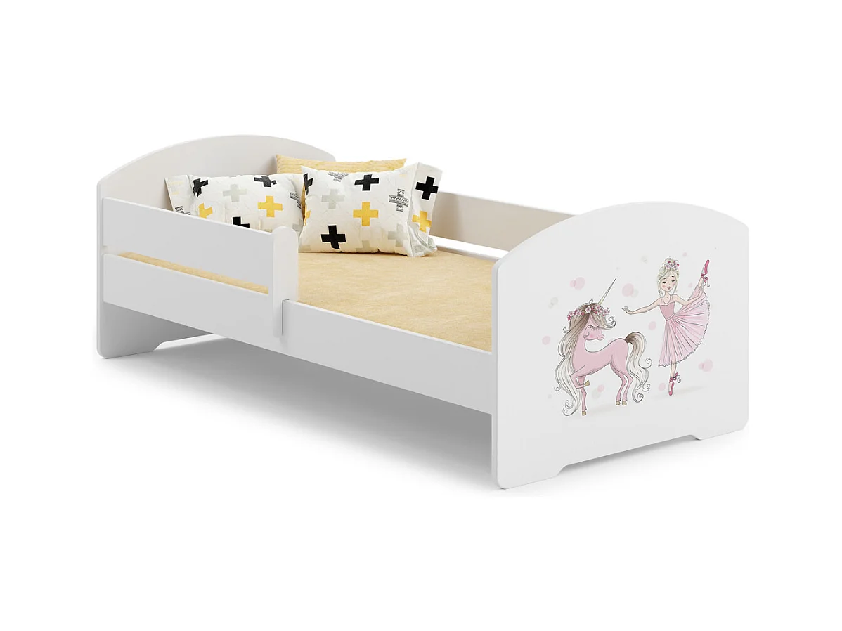 Cama Infantil Blanca 160x80 cm Dibujo Niña con Unicornio con Barandilla – Incluye Colchón de Espuma y Estructura Completa, Dimen: 164x88x63 cm