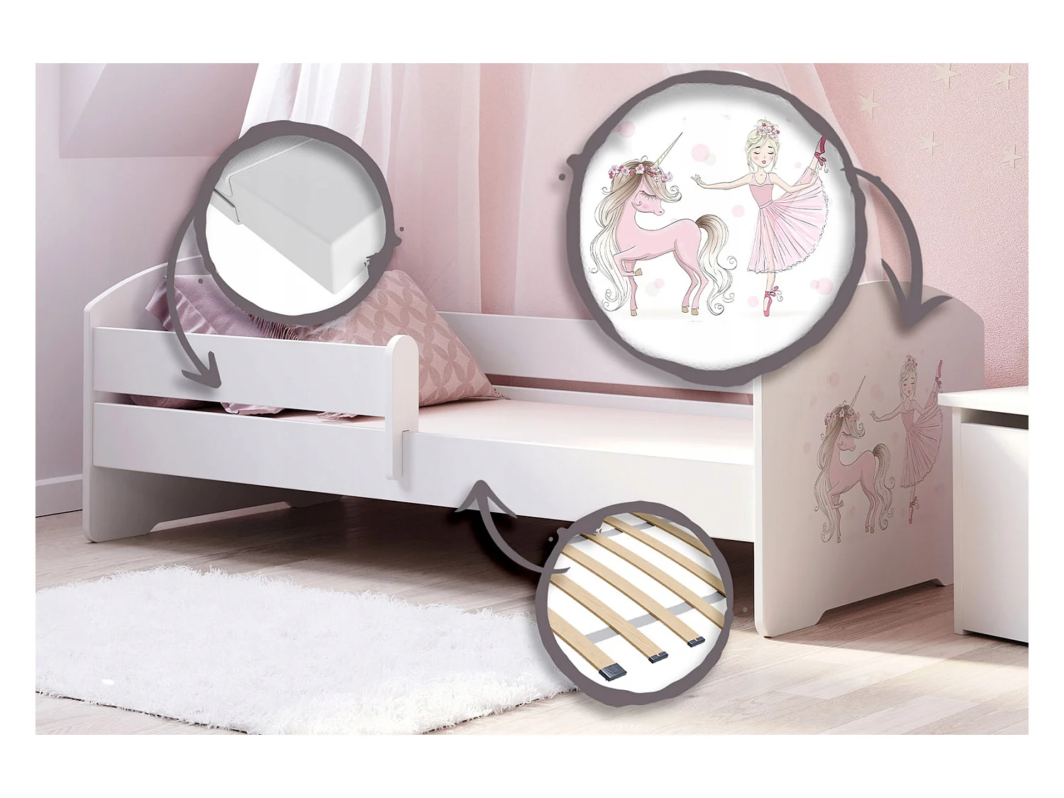 Cama Infantil Blanca 160x80 cm Dibujo Niña con Unicornio con Barandilla – Incluye Colchón de Espuma y Estructura Completa, Dimen: 164x88x63 cm