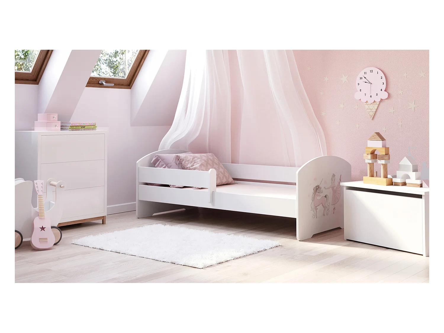 Cama Infantil Blanca 160x80 cm Dibujo Niña con Unicornio con Barandilla – Incluye Colchón de Espuma y Estructura Completa, Dimen: 164x88x63 cm