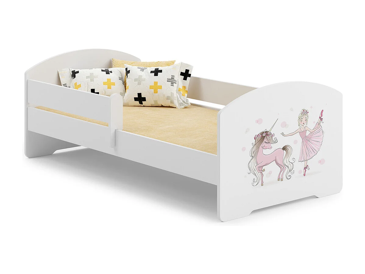 Cama Infantil Blanca 160x80 cm Dibujo Niña con Unicornio con Barandilla – Incluye Colchón de Espuma y Estructura Completa, Dimen: 164x88x63 cm