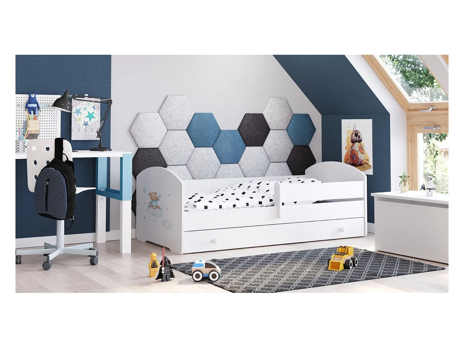 Cama Infantil Blanca Estilo Escandinavo Dibujo Oso 140x70 cm con Cajón – Incluye Colchón de Espuma, Base y Estructura Completa