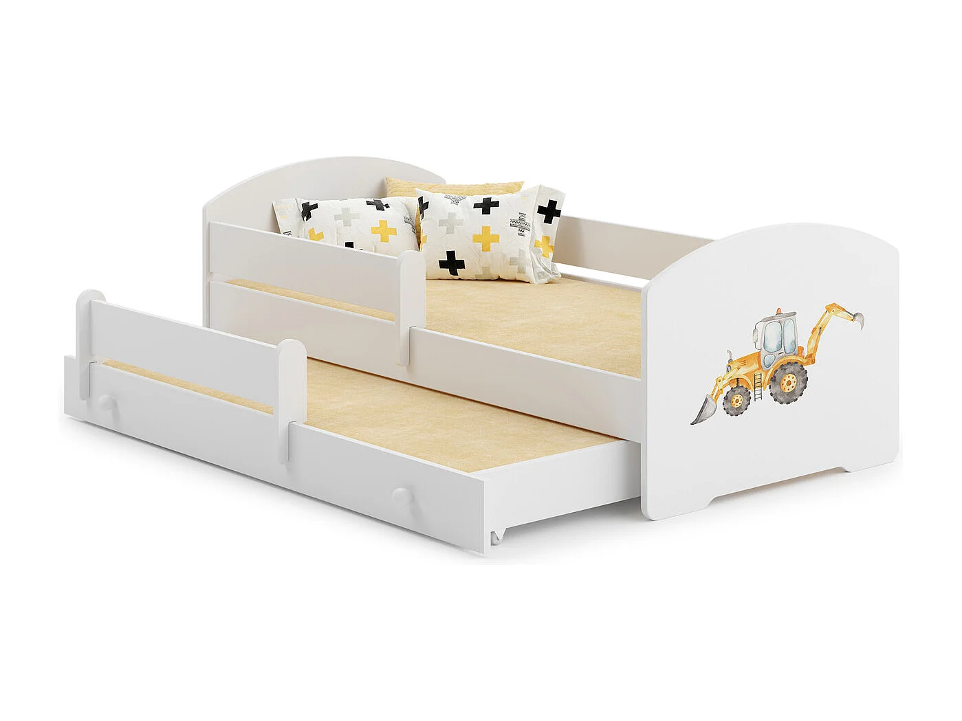 Cama Doble Infantil Blanca Dibujo Excavadora Con Barandillas 160x80 cm con Cama Inferior 145x80 cm – Incluye 2 Colchones y Estructuras