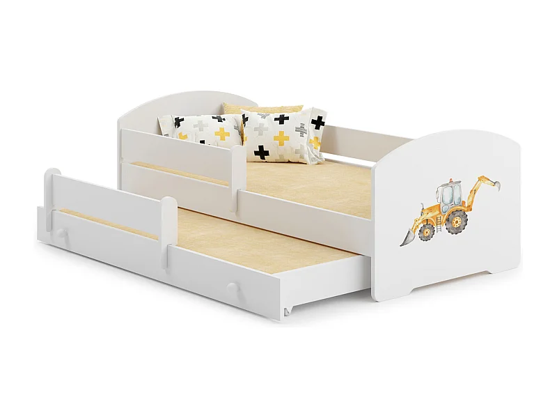 Cama Doble Infantil Blanca Dibujo Excavadora Con Barandillas 160x80 cm con Cama Inferior 145x80 cm – Incluye 2 Colchones y Estructuras