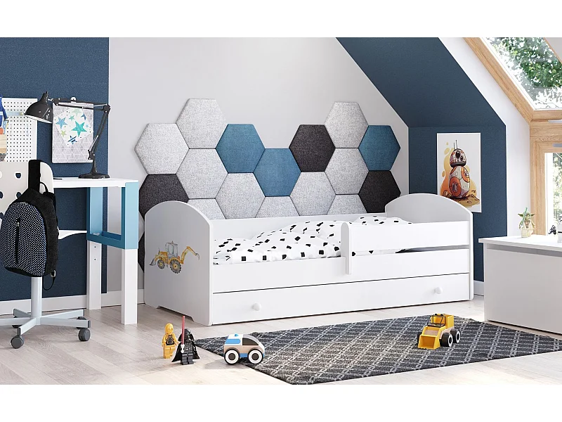 Cama Infantil Blanca Estilo Escandinavo Dibujo Excavadora 140x70 cm con Cajón – Incluye Colchón de Espuma, Base y Estructura Completa