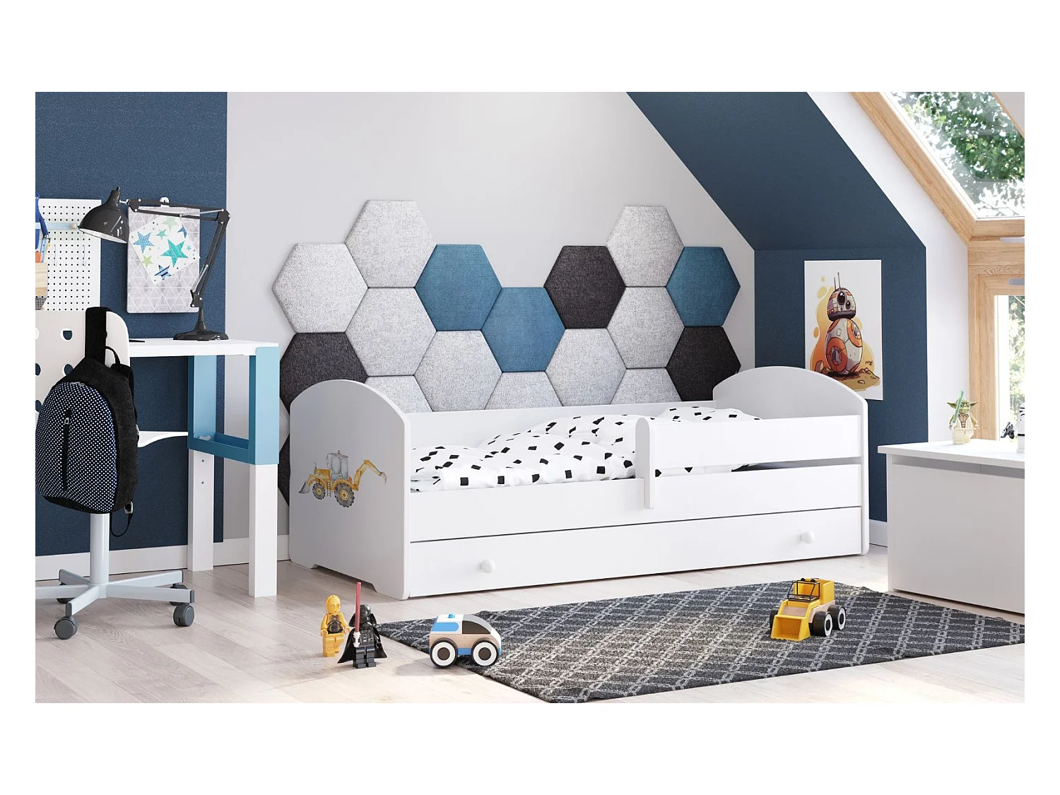 Cama Infantil Blanca Estilo Escandinavo Dibujo Excavadora 140x70 cm con Cajón – Incluye Colchón de Espuma, Base y Estructura Completa