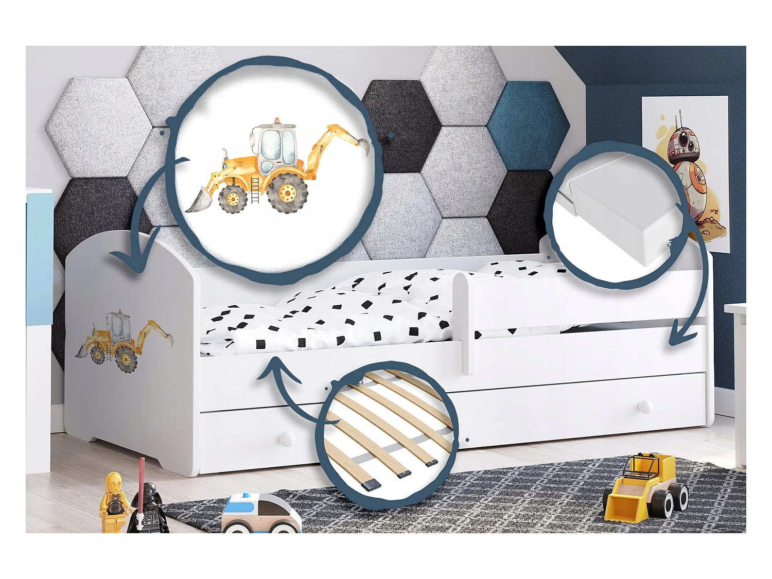 Cama Infantil Blanca Estilo Escandinavo Dibujo Excavadora 140x70 cm con Cajón – Incluye Colchón de Espuma, Base y Estructura Completa