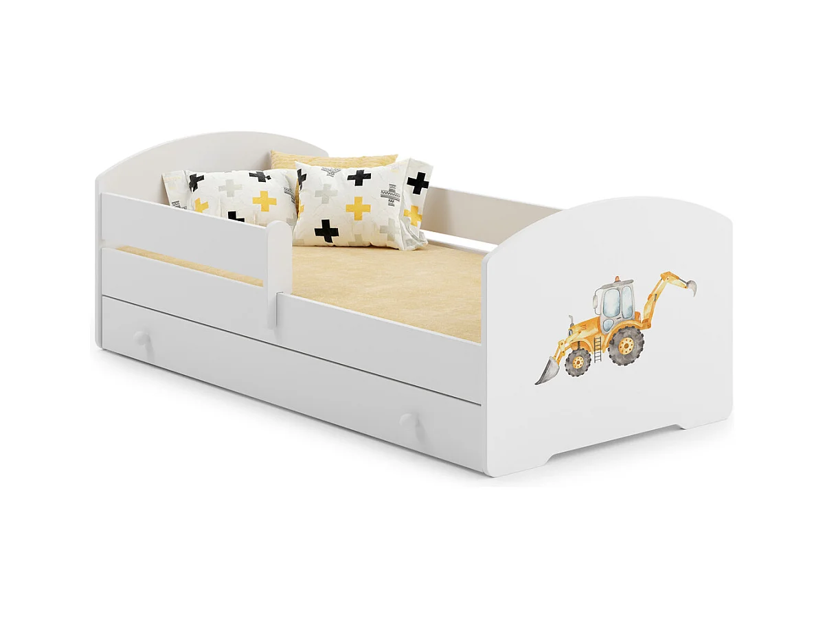 Cama Infantil Blanca Estilo Escandinavo Dibujo Excavadora 140x70 cm con Cajón – Incluye Colchón de Espuma, Base y Estructura Completa
