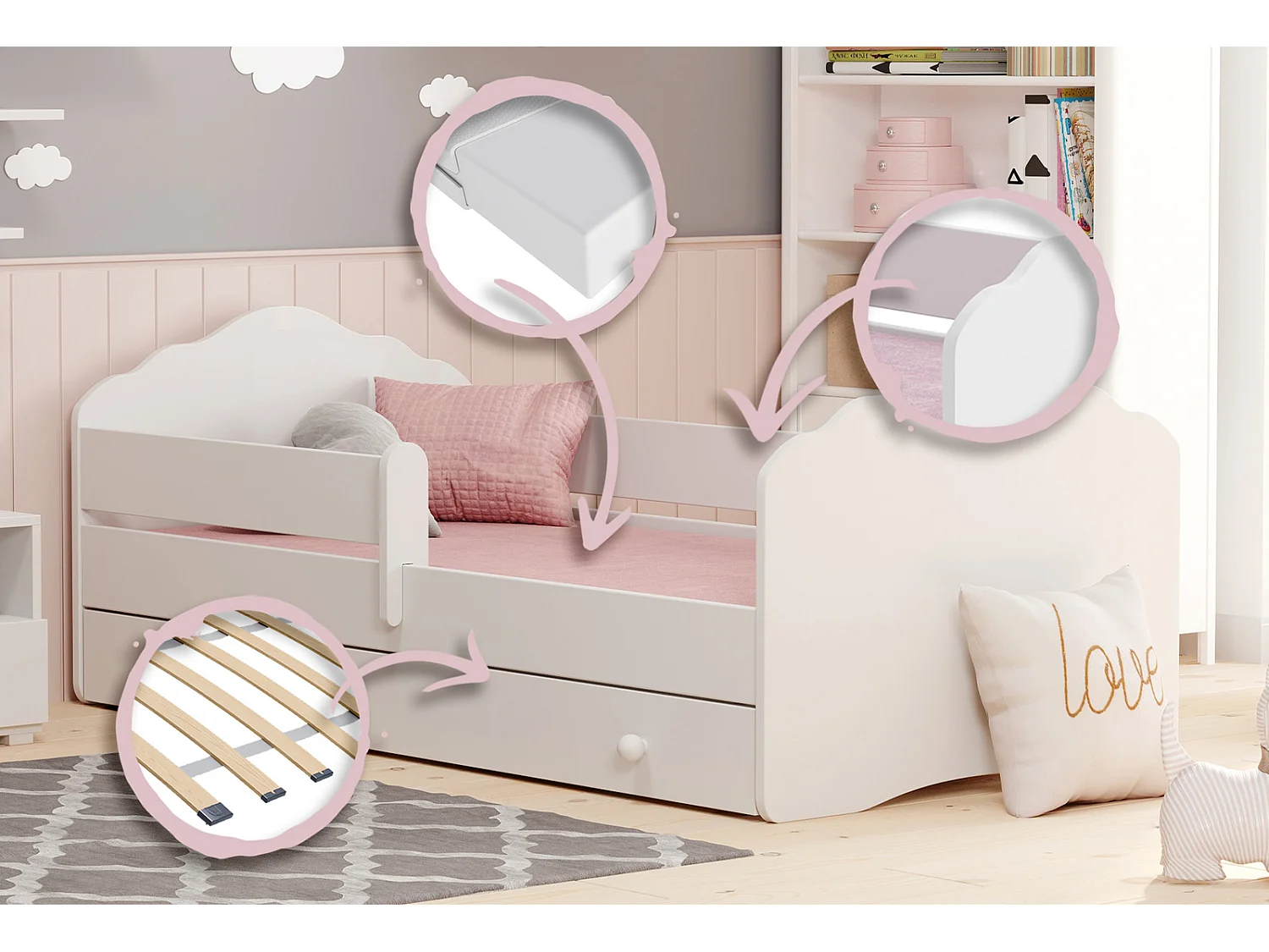 Cama Infantil Blanca 140x70 cm con Cajón y Barandilla – Incluye Colchón de Espuma, Estructura Completa 144x78x65 cm, Diseño Seguro y Compacto