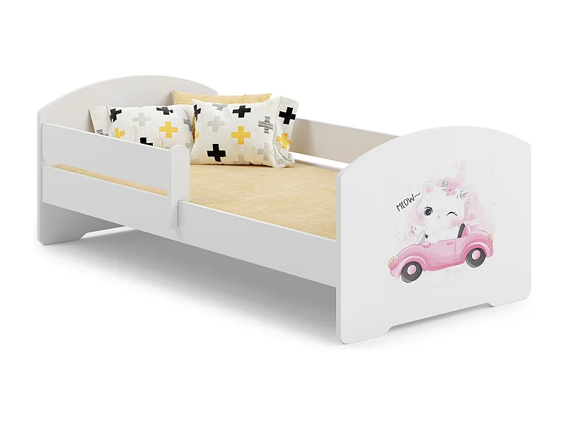 Cama Infantil Blanca 160x80 cm Dibujo Gato con Barandilla – Incluye Colchón de Espuma y Estructura Completa, Dimensiones 164x88x63 cm