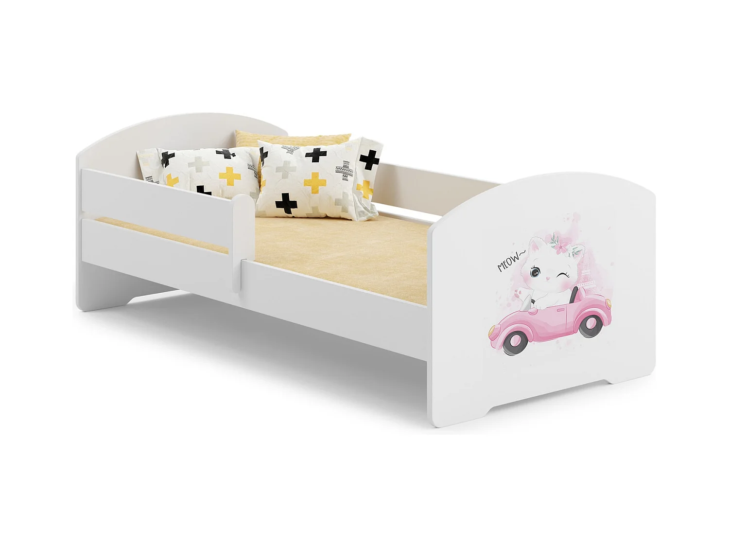 Cama Infantil Blanca 160x80 cm Dibujo Gato con Barandilla – Incluye Colchón de Espuma y Estructura Completa, Dimensiones 164x88x63 cm