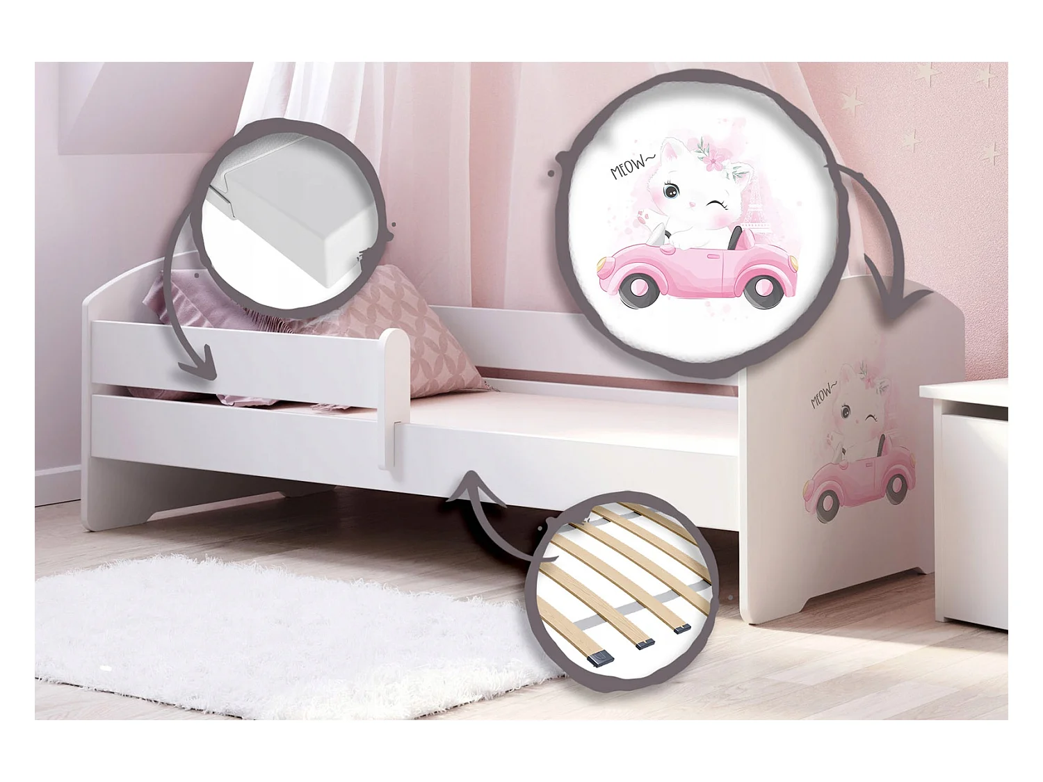 Cama Infantil Blanca 160x80 cm Dibujo Gato con Barandilla – Incluye Colchón de Espuma y Estructura Completa, Dimensiones 164x88x63 cm