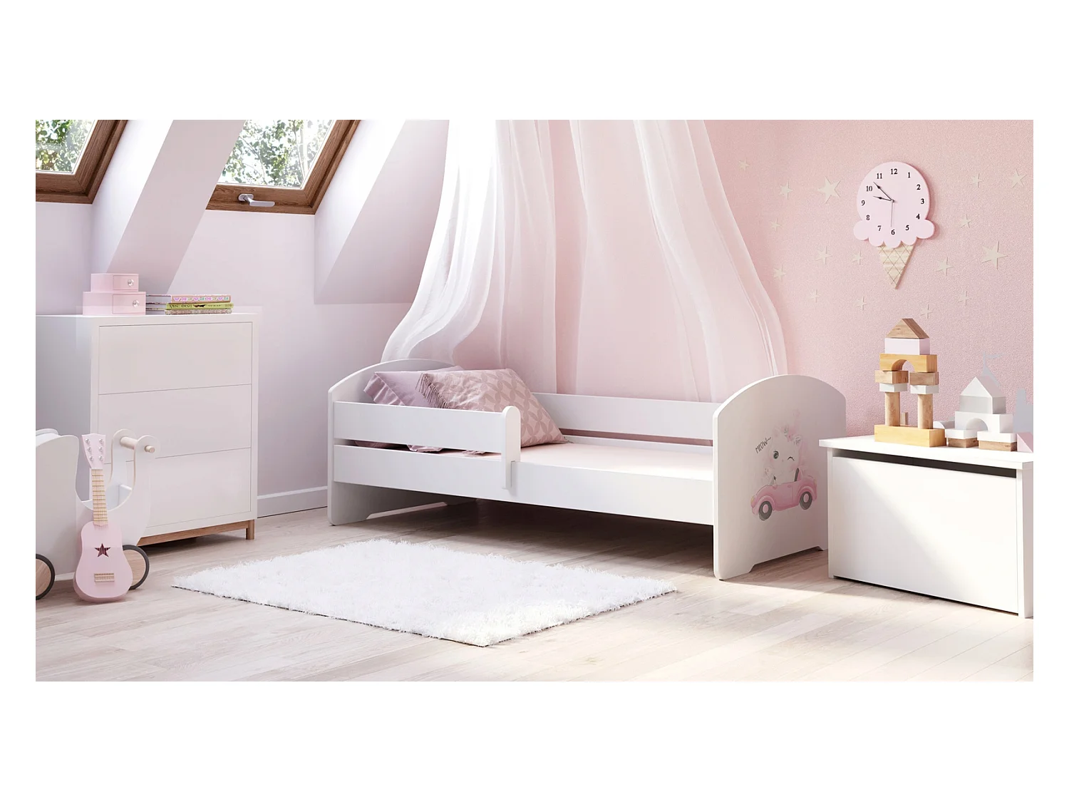 Cama Infantil Blanca 160x80 cm Dibujo Gato con Barandilla – Incluye Colchón de Espuma y Estructura Completa, Dimensiones 164x88x63 cm