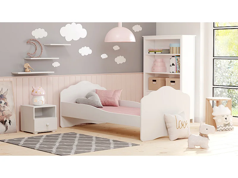 Cama Infantil Blanca 160x80 cm con Laterales Perfilados – Incluye Colchón de Espuma, Base y Estructura Sólida, Dimensiones 164 cm x 88 cm x 63 cm