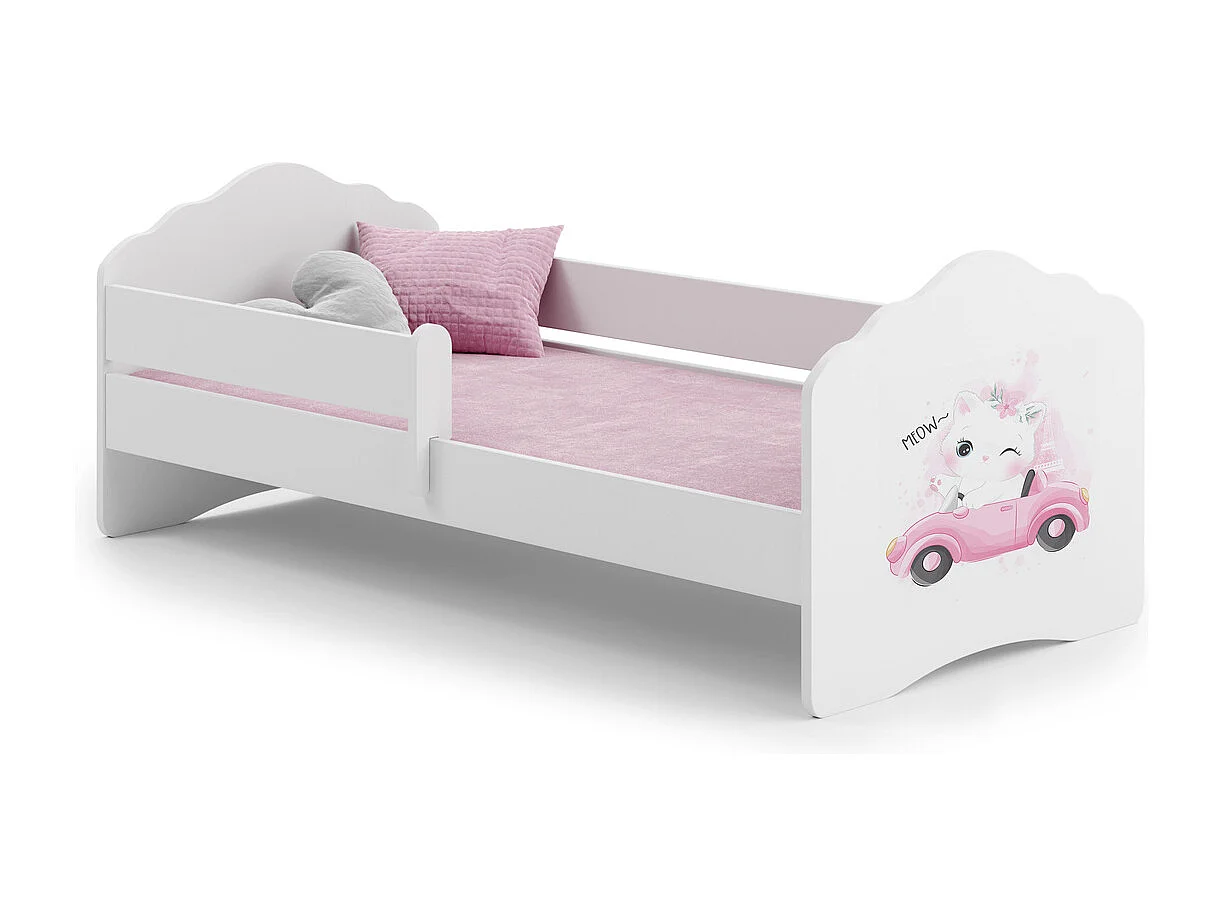 Cama Infantil Blanca 160x80 cm Dibujo Gato con Barandilla – Incluye Colchón de Espuma, Estructura Completa 164 cm x 84 cm x 63 cm, Diseño Seguro