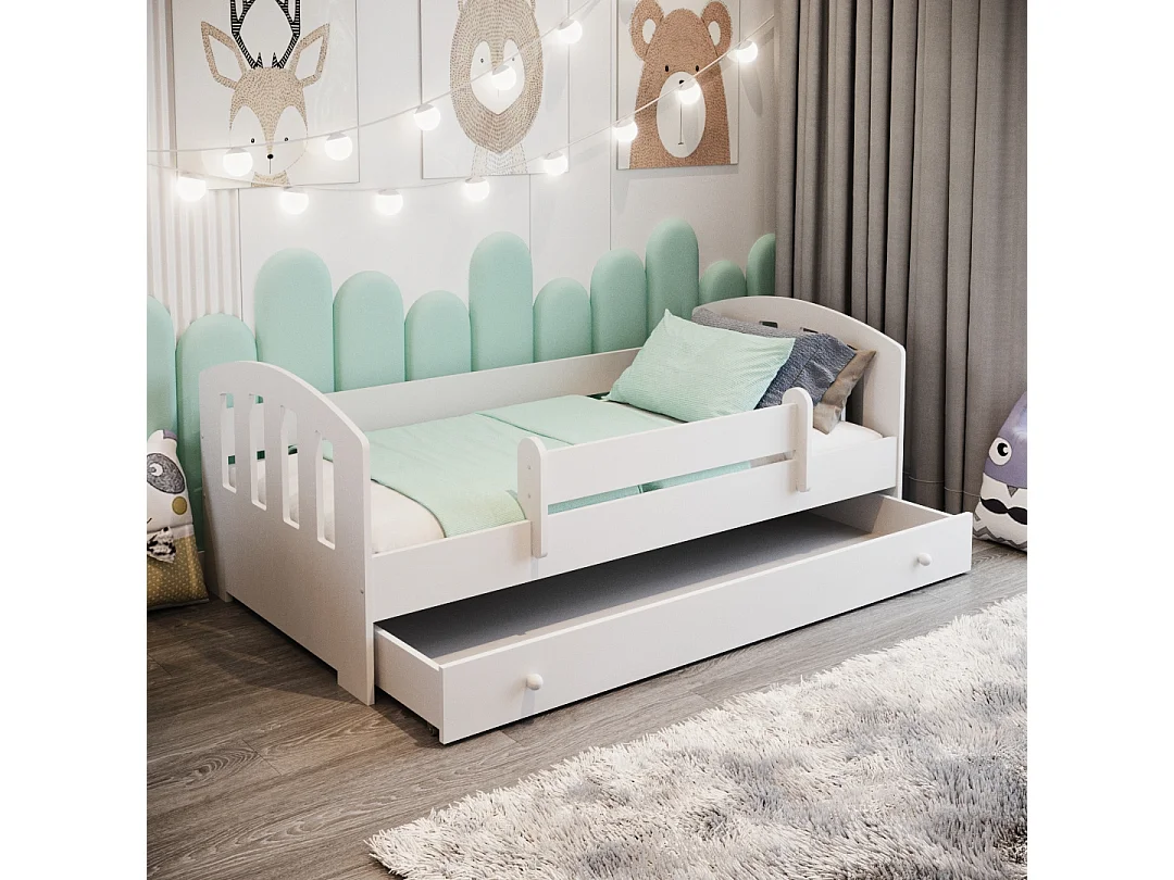 Cama Infantil Blanca 160x80 cm con Cajón y Barandilla Estilo Escandinavo – Incluye Colchón de Espuma, Estructura Completa 164x85x63 cm