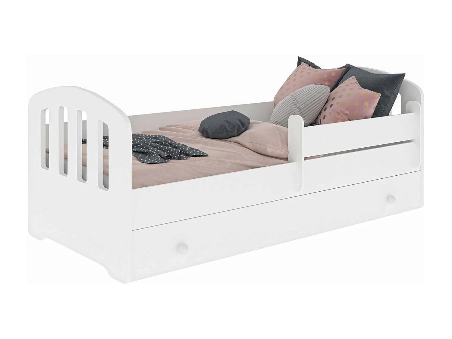 Cama Infantil Blanca 160x80 cm con Cajón y Barandilla Estilo Escandinavo – Incluye Colchón de Espuma, Estructura Completa 164x85x63 cm