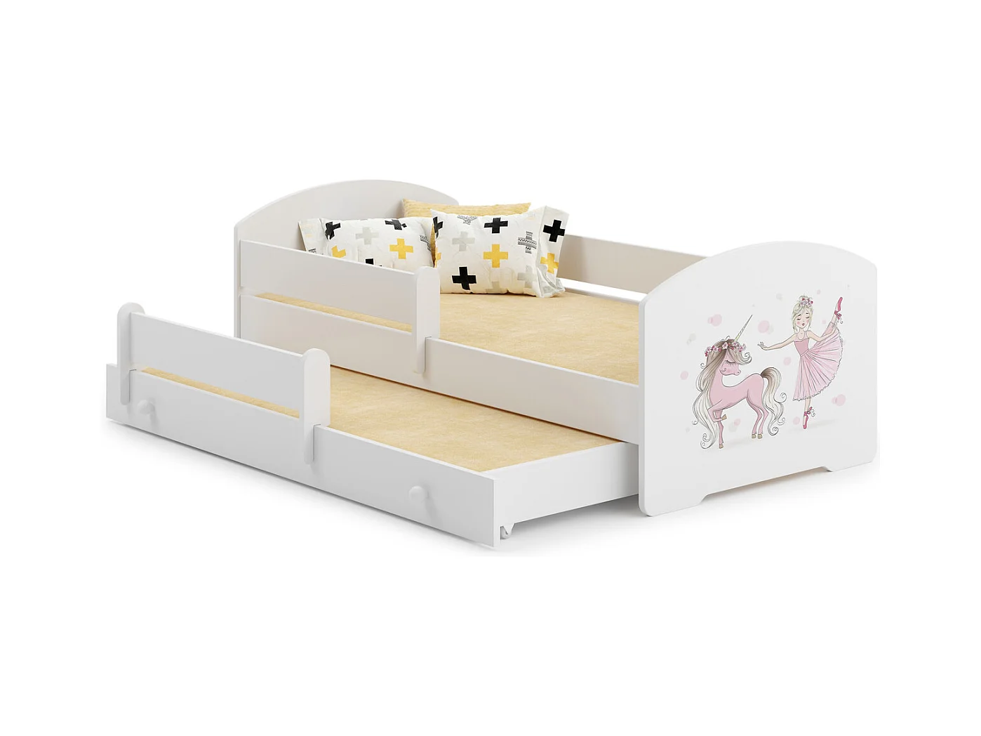 Cama Doble Infantil Blanca Dibujo Niña Unicornio Con Barandillas 160x80 cm con Cama Inferior 145x80 cm – Incluye 2 Colchones y Estructuras