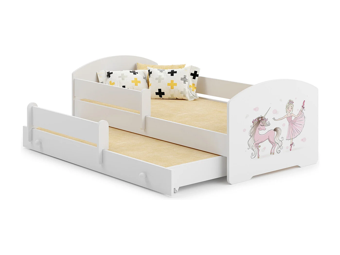 Cama Doble Infantil Blanca Dibujo Niña Unicornio Con Barandillas 160x80 cm con Cama Inferior 145x80 cm – Incluye 2 Colchones y Estructuras
