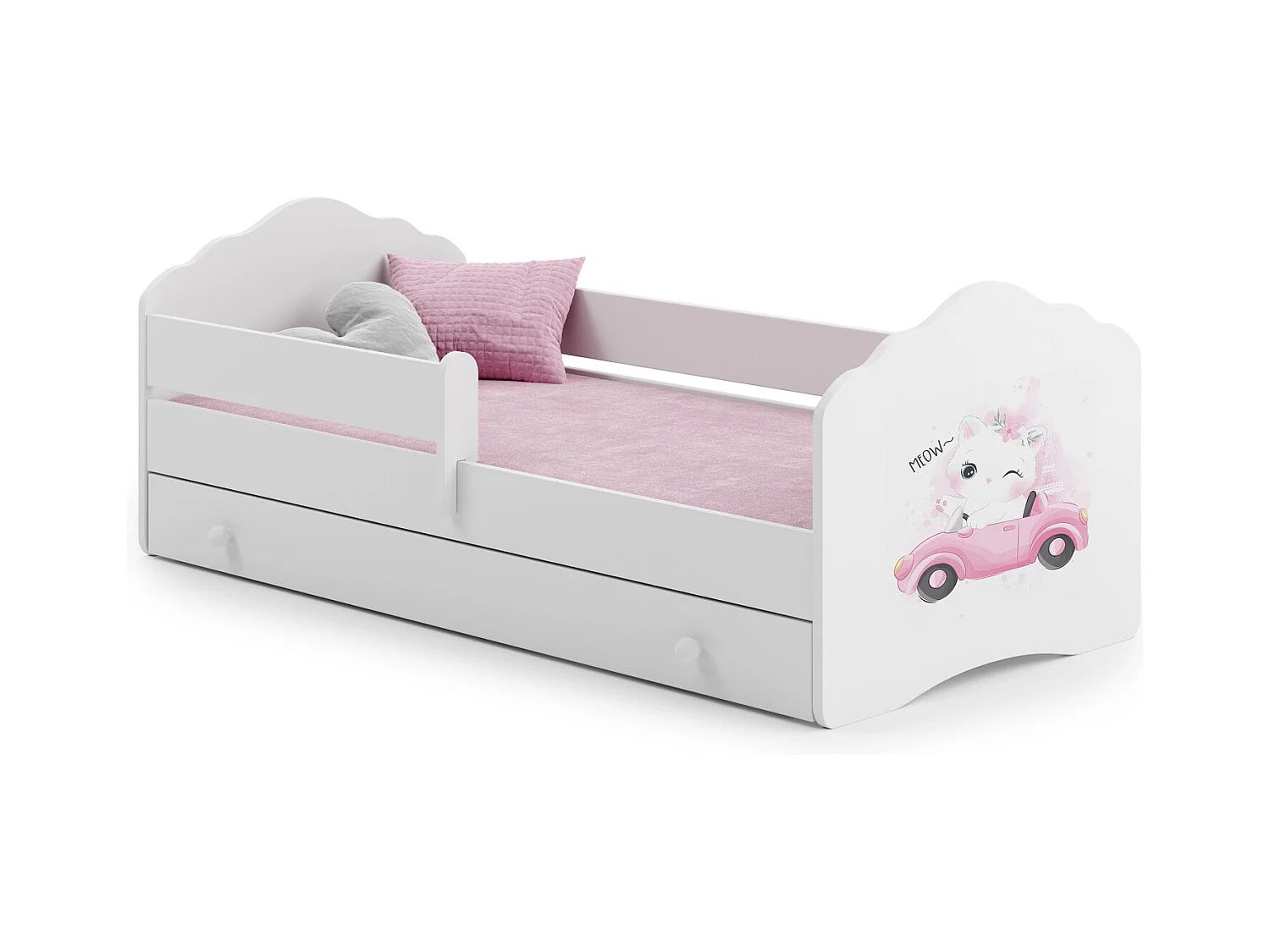 Cama Infantil Blanca 160x80 cm Dibujo Gato con Cajón y Barandilla – Incluye Colchón de Espuma, Estructura Completa 164x88x63 cm, Diseño Seguro