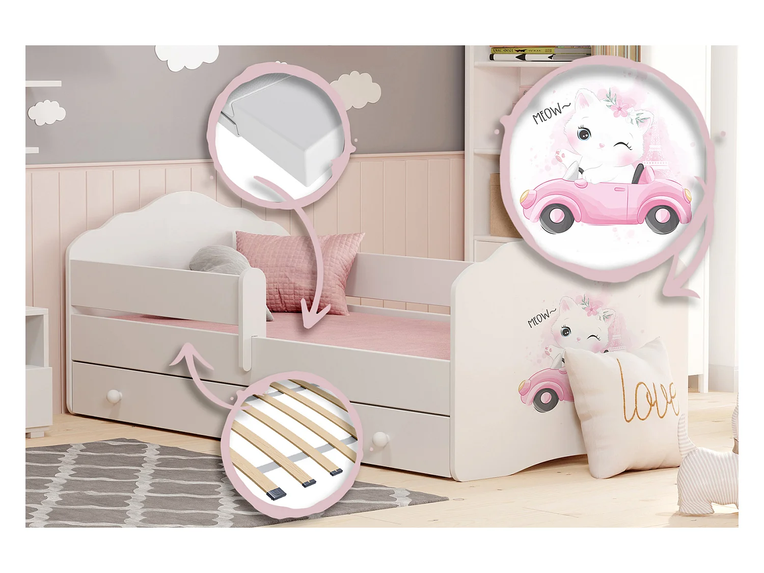 Cama Infantil Blanca 160x80 cm Dibujo Gato con Cajón y Barandilla – Incluye Colchón de Espuma, Estructura Completa 164x88x63 cm, Diseño Seguro