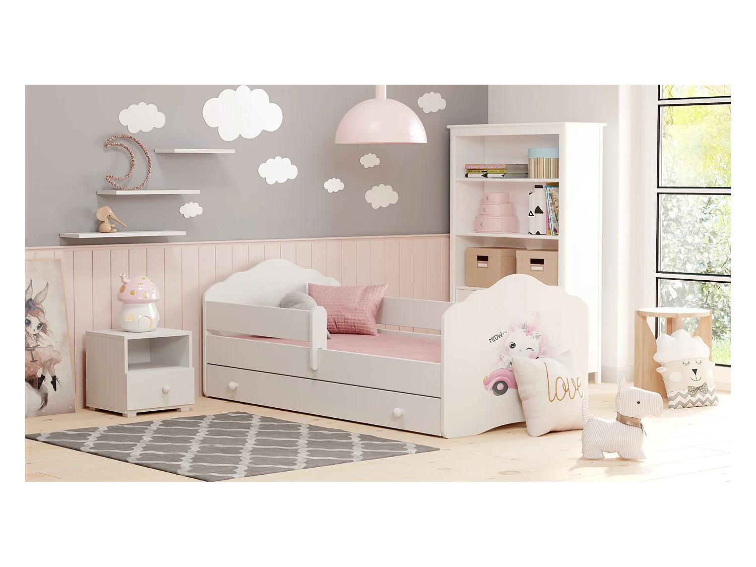 Cama Infantil Blanca 160x80 cm Dibujo Gato con Cajón y Barandilla – Incluye Colchón de Espuma, Estructura Completa 164x88x63 cm, Diseño Seguro