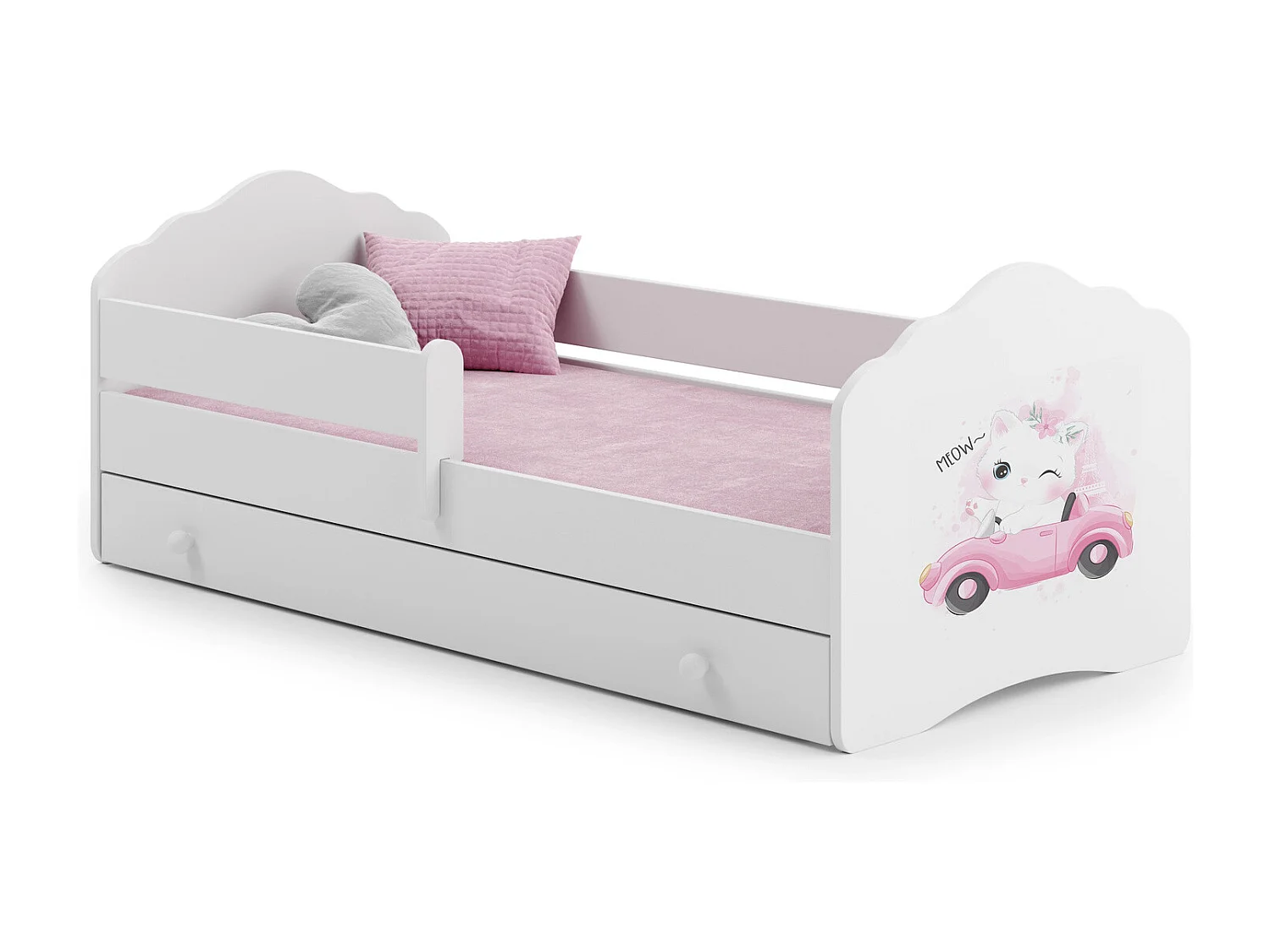 Cama Infantil Blanca 160x80 cm Dibujo Gato con Cajón y Barandilla – Incluye Colchón de Espuma, Estructura Completa 164x88x63 cm, Diseño Seguro