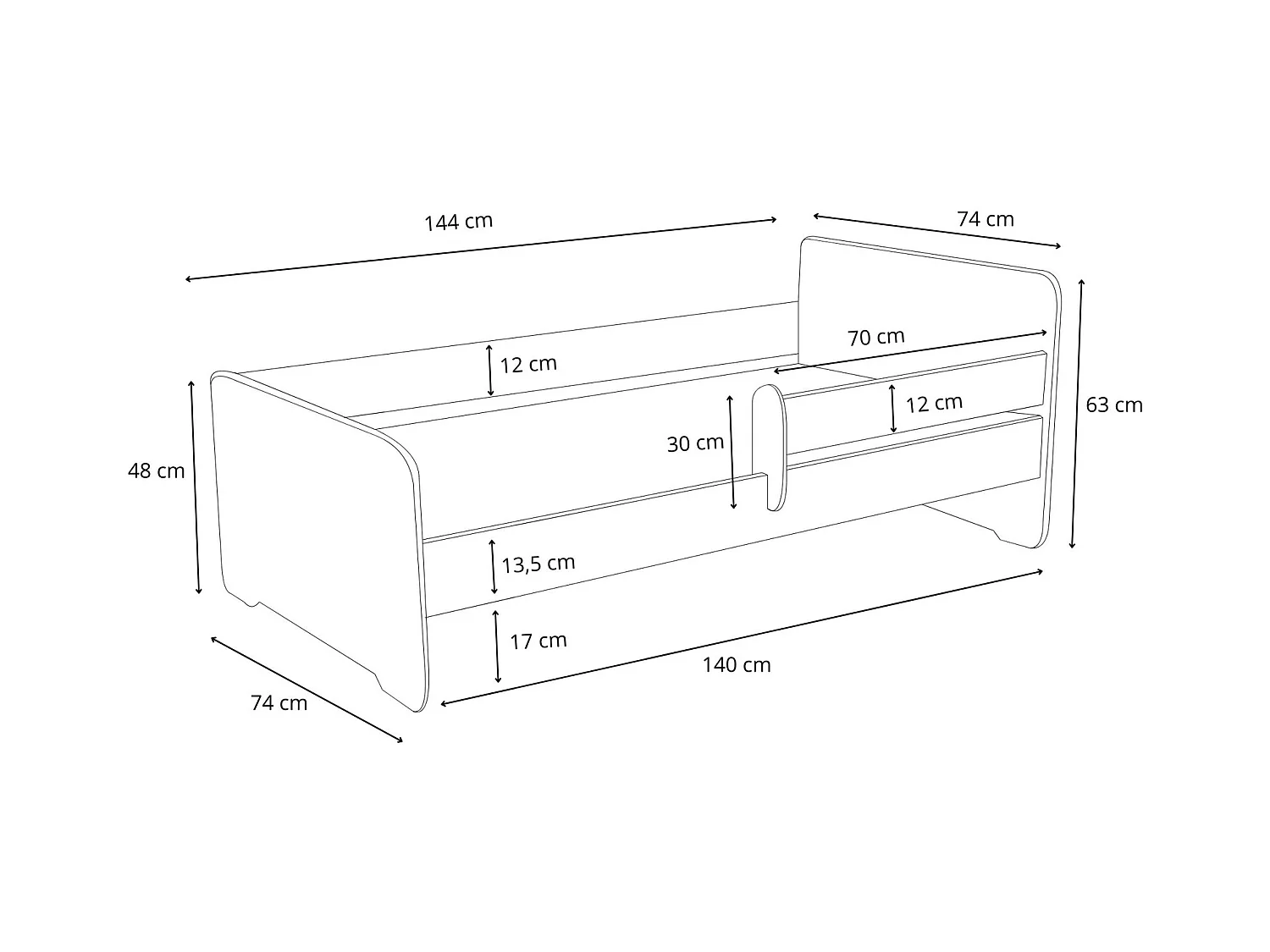 Cama Infantil Blanca 140x70 cm con Barandilla – Incluye Colchón de Espuma, Estructura Completa y Protección Lateral, Dimensiones 144x74,5x63 cm