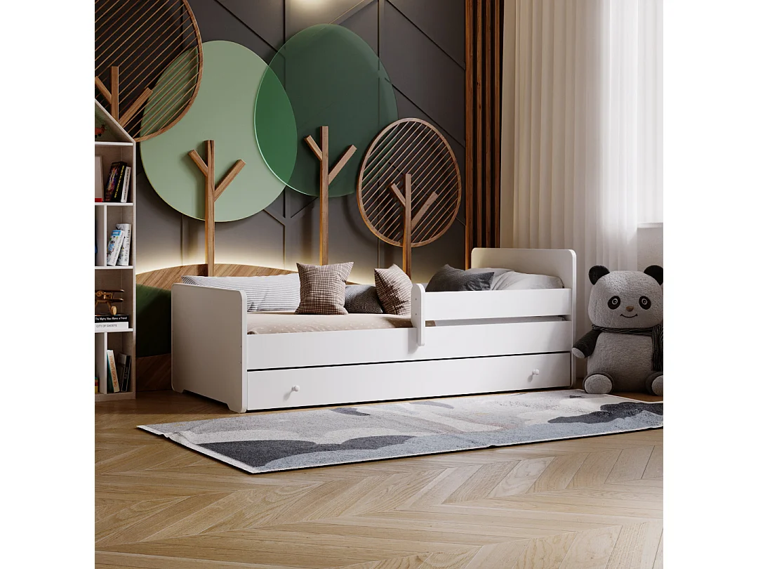Cama Infantil Blanca 140x70 cm con Cajón y Barandilla – Incluye Colchón de Espuma 7 cm con Funda, Estructura Completa, Accesorios y Montaje, 144x74,5x