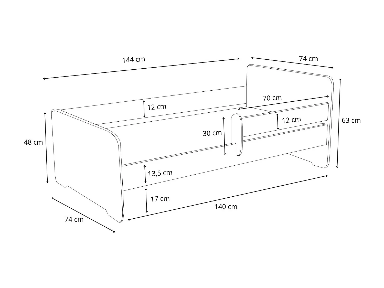 Cama Infantil Blanca 140x70 cm con Cajón y Barandilla – Incluye Colchón de Espuma 7 cm con Funda, Estructura Completa, Accesorios y Montaje, 144x74,5x