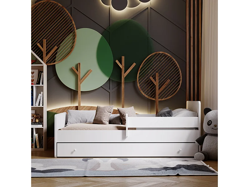 Cama Infantil Blanca 140x70 cm con Cajón y Barandilla – Incluye Colchón de Espuma 7 cm con Funda, Estructura Completa, Accesorios y Montaje, 144x74,5x