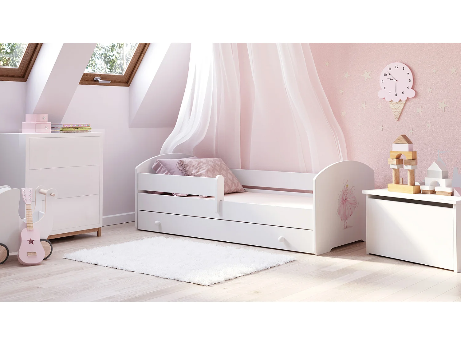 Cama Infantil Blanca Estilo Escandinavo Dibujo Princesa Corona 140x70 cm con Cajón – Incluye Colchón de Espuma, Base y Estructura Completa